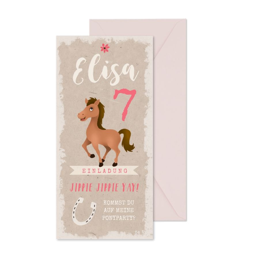 Einladung zum 7. Kindergeburtstag Ponyparty - Karteneindruck
