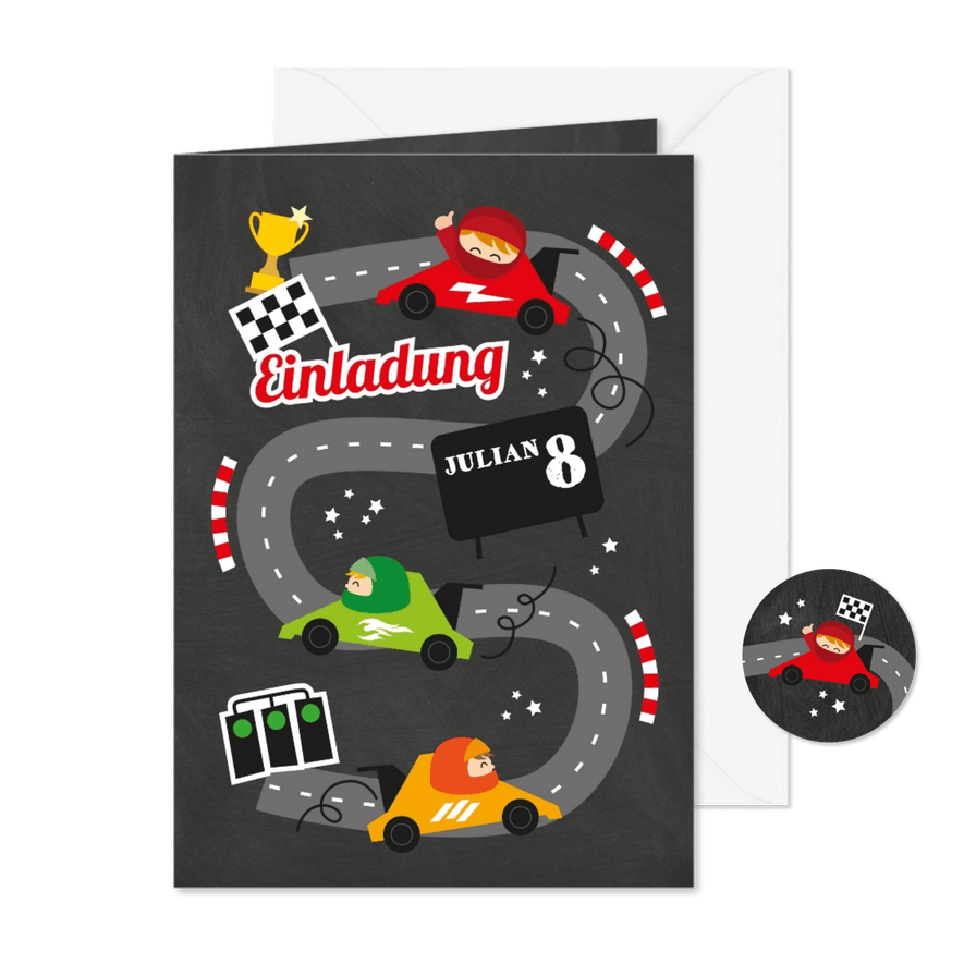 Einladung zum 8. Kindergeburtstag Autorennen - Karteneindruck
