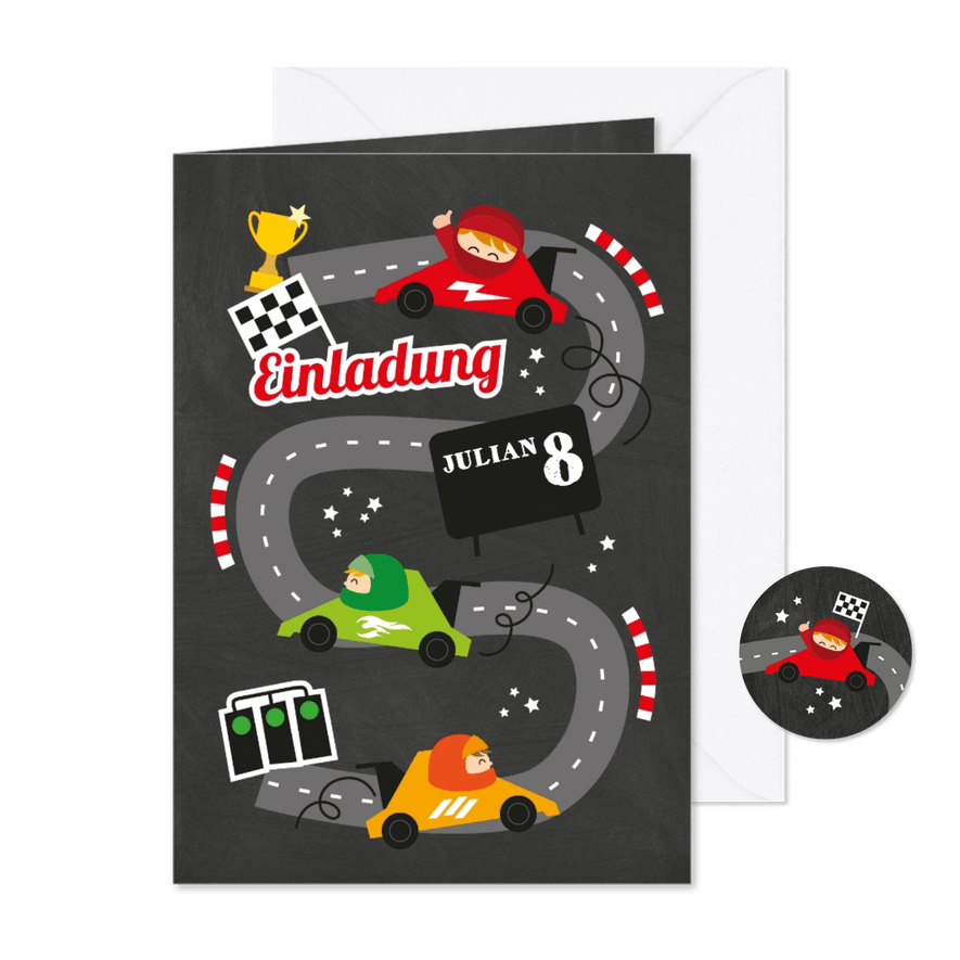 Einladung zum 8. Kindergeburtstag Autorennen - Karteneindruck