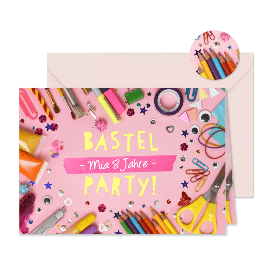 Einladung zum 8. Kindergeburtstag Basteln rosa - Karteneindruck