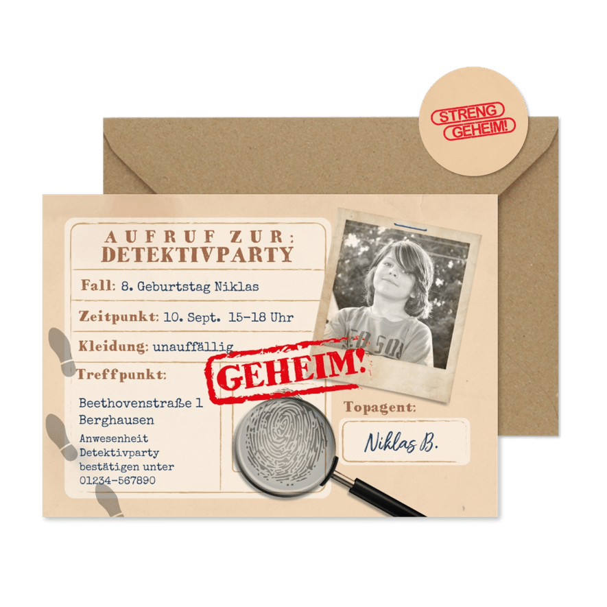 Einladung zum 8. Kindergeburtstag Detektivparty - Karteneindruck