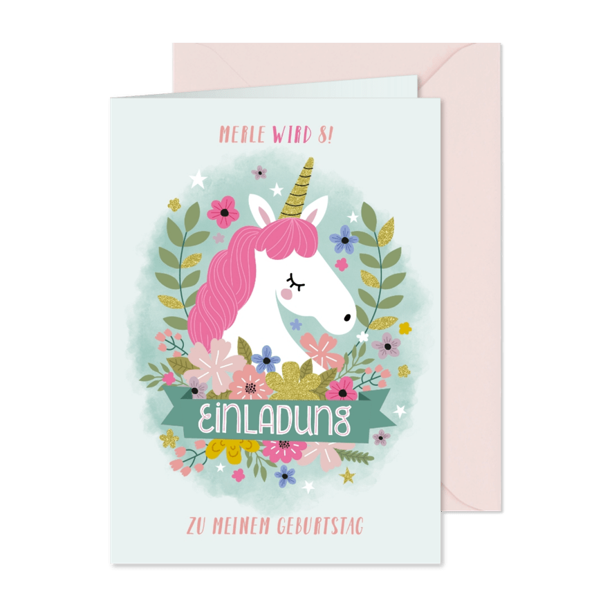Einladung zum 8. Kindergeburtstag Einhorn und Blumen - Kartenvorschau
