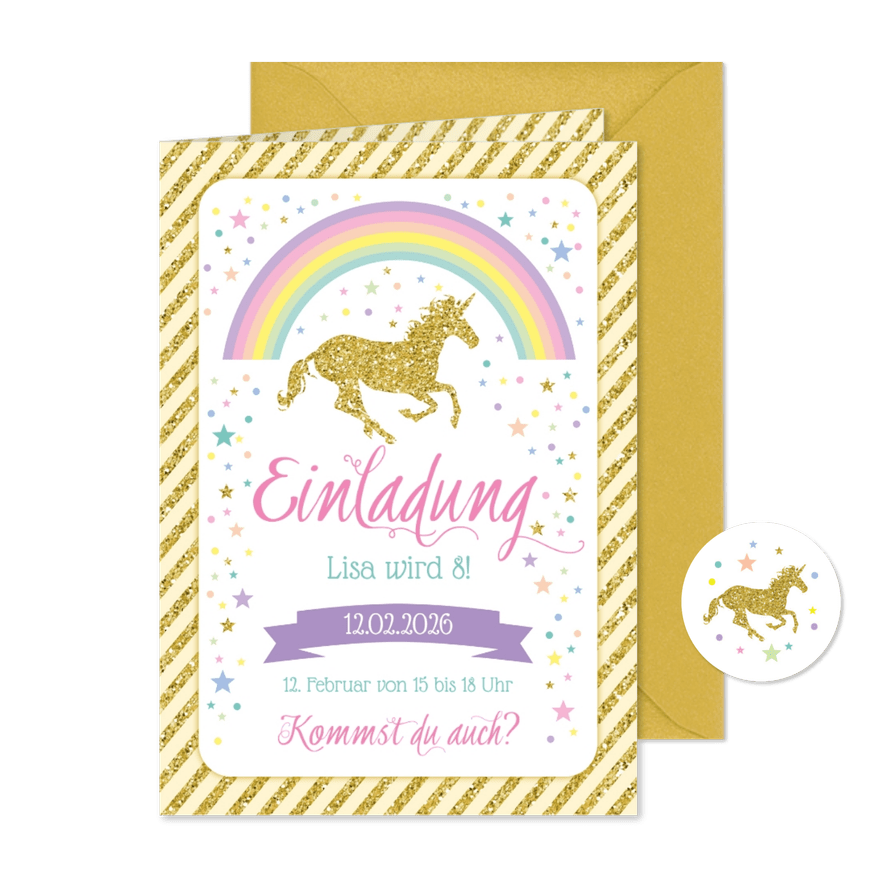 Einladung zum 8. Kindergeburtstag Goldenes Einhorn - Kartenvorschau
