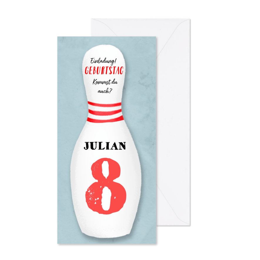Einladung zum 8. Kindergeburtstag Kegel mit Zahl - Karteneindruck
