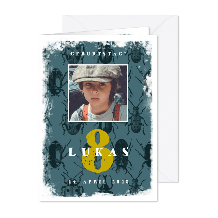 Einladung zum 8. Kindergeburtstag mit Käfern - Karteneindruck