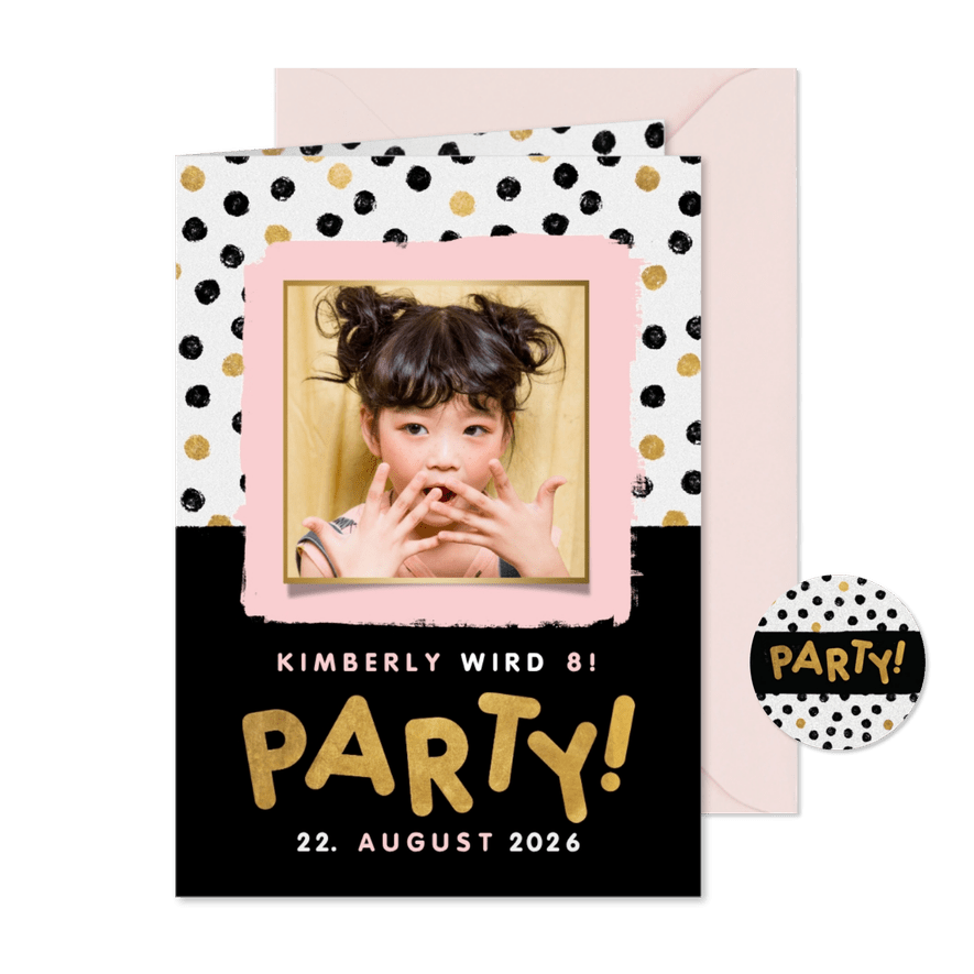 Einladung zum 8. Kindergeburtstag Punkte und Foto - Karteneindruck
