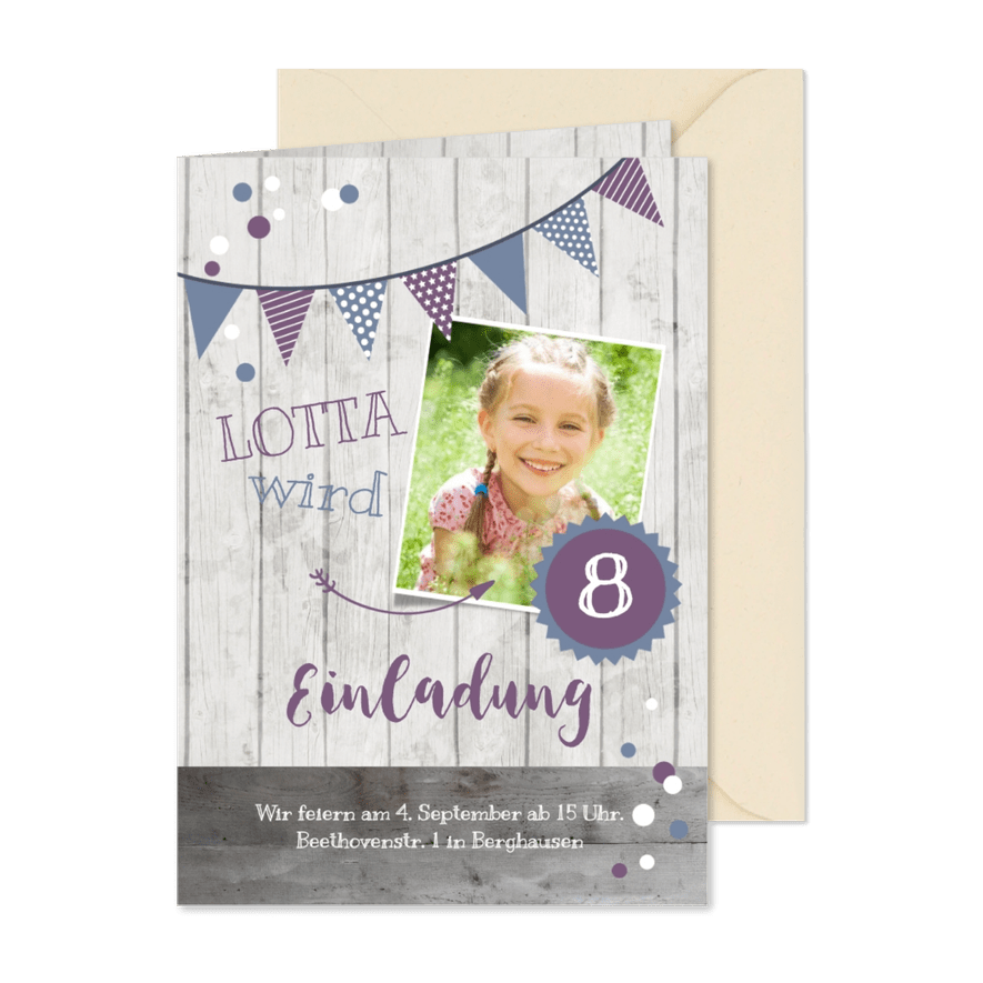 Einladung zum 8. Kindergeburtstag Violet & Blue - Karteneindruck