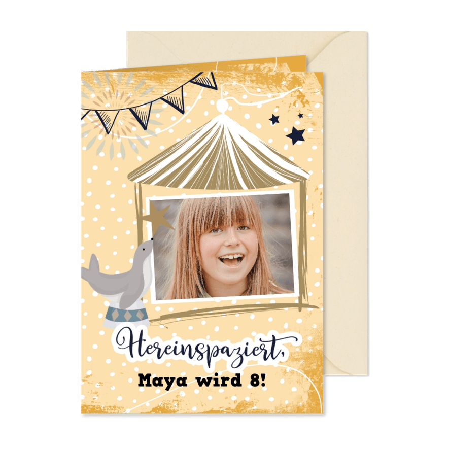 Einladung zum 8. Kindergeburtstag Zirkus - Karteneindruck
