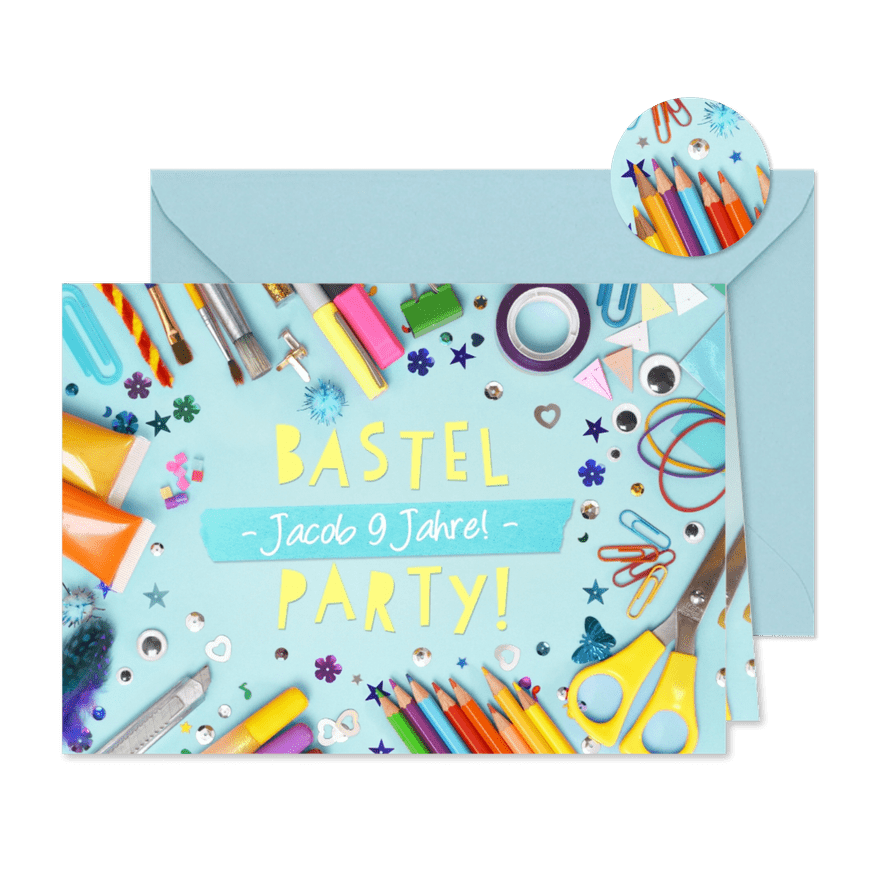 Einladung zum 9. Kindergeburtstag Basteln blau - Karteneindruck
