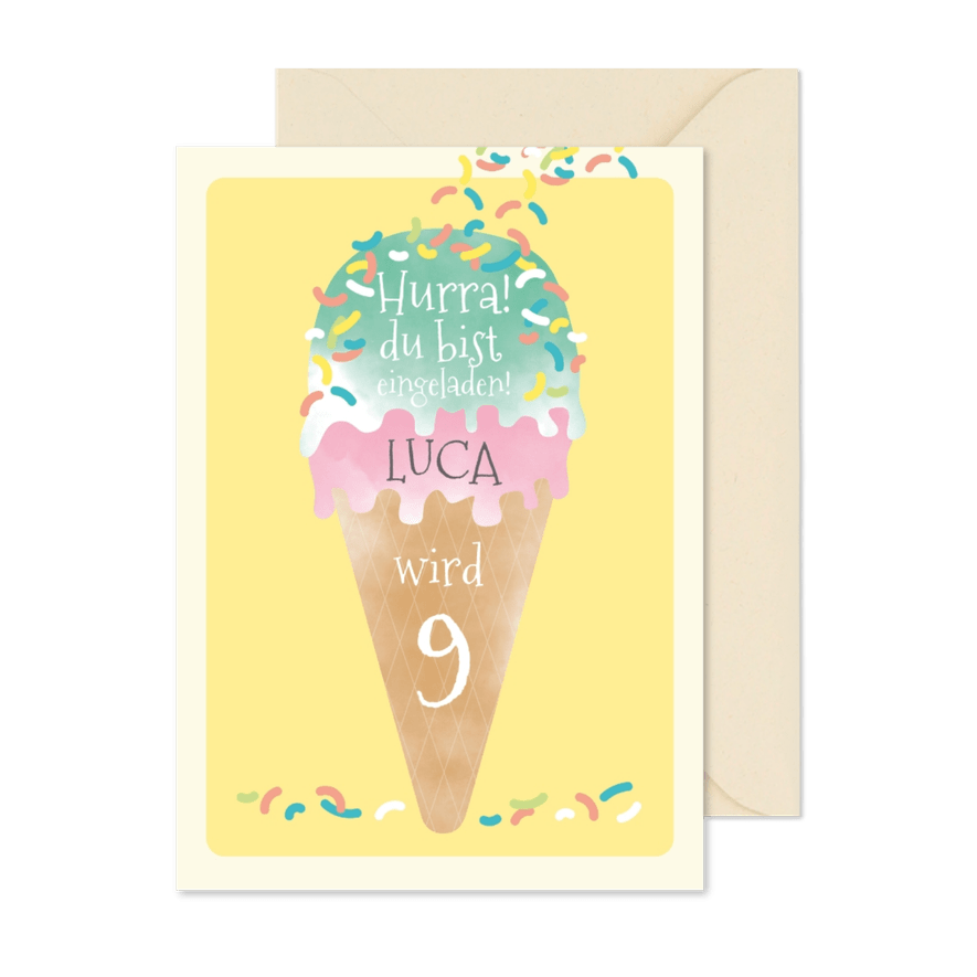Einladung zum 9. Kindergeburtstag Eiscreme - Karteneindruck
