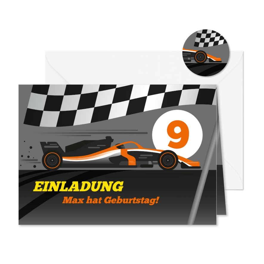 Einladung zum 9. Kindergeburtstag Formel-1-Auto - Karteneindruck