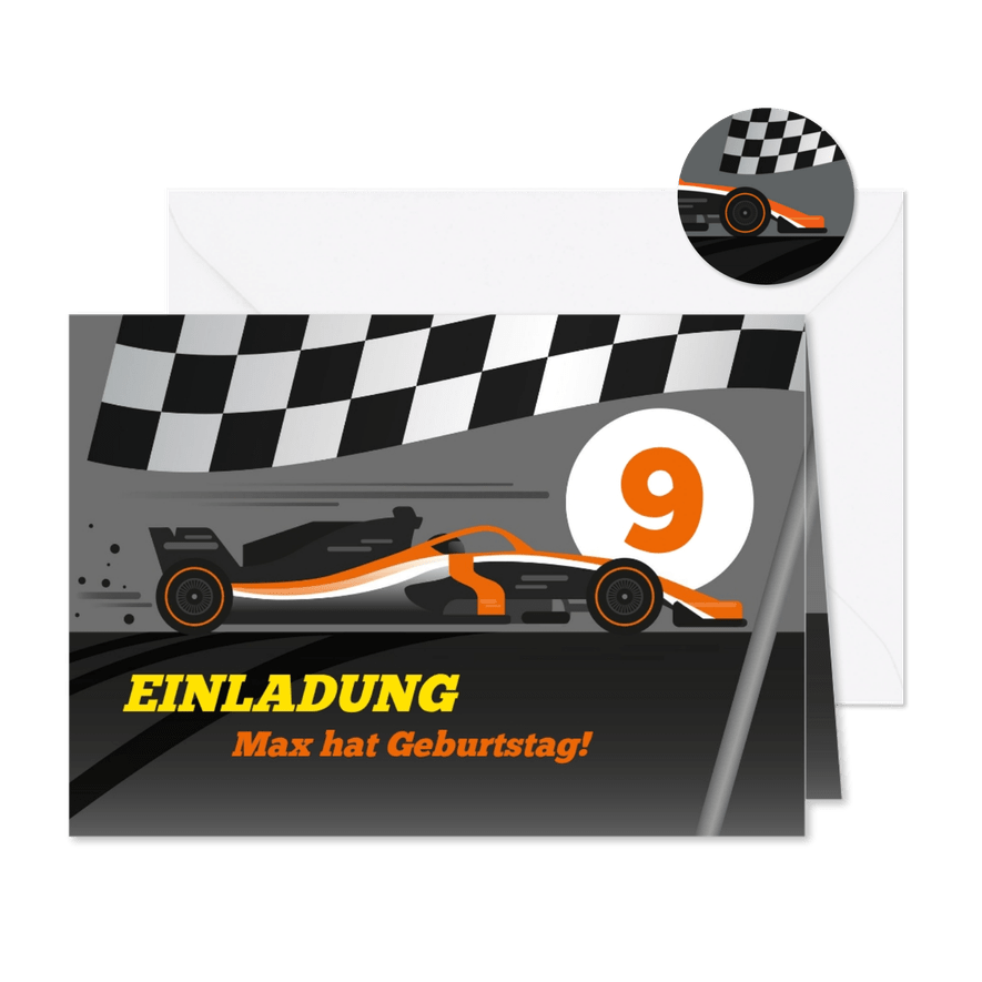 Einladung zum 9. Kindergeburtstag Formel-1-Auto  - Karteneindruck
