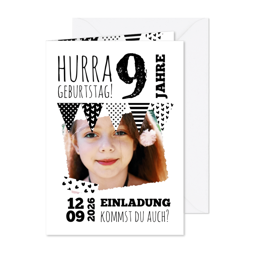 Einladung zum 9. Kindergeburtstag Schwarzweiß mit Foto - Karteneindruck
