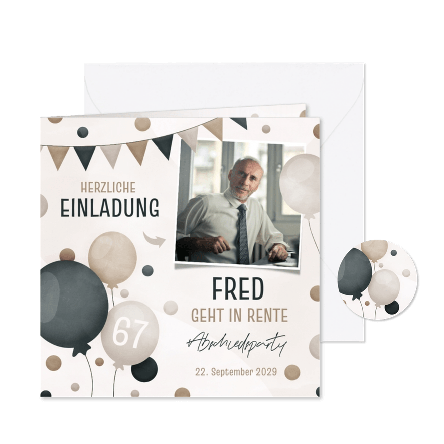 Einladung zum Ausstand Luftballons & foto - Karteneindruck
