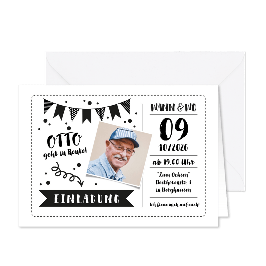 Einladung zum Ausstand Monochrom Rente - Karteneindruck
