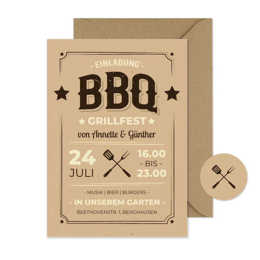 Einladung zum BBQ-Grillfest Kraftpapierlook - Karteneindruck
