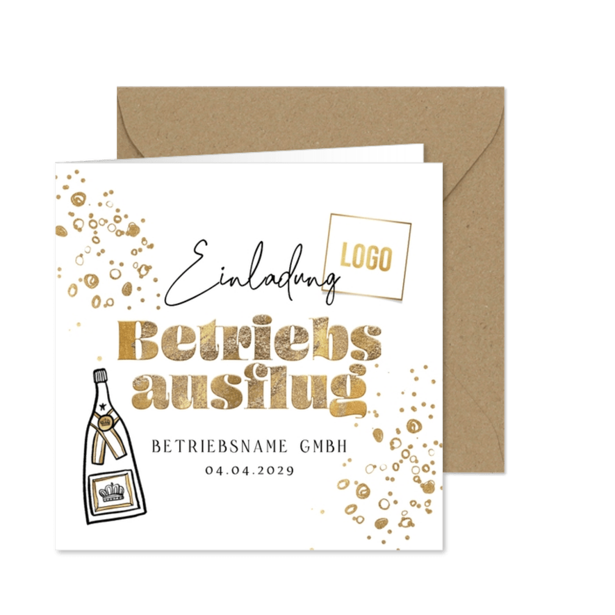 Einladung zum Betriebsausflug Sektflasche und Bubbles - Karteneindruck
