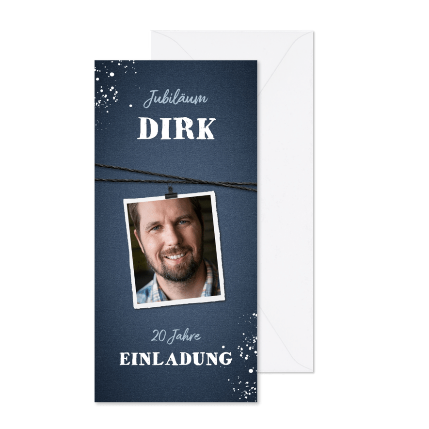 Einladung zum Dienstjubiläum Foto an Schnur dunkelblau - Karteneindruck