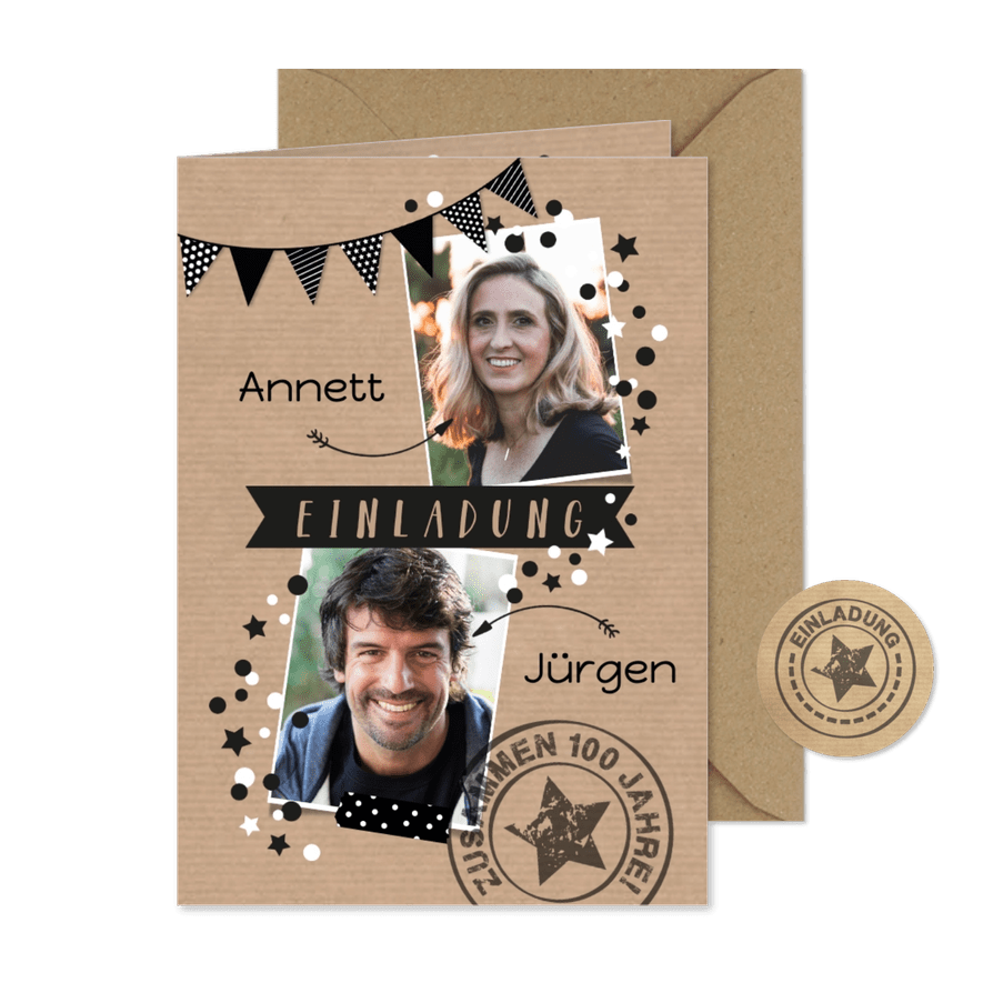 Einladung zum Doppelgeburtstag Zusammen 100 - Karteneindruck
