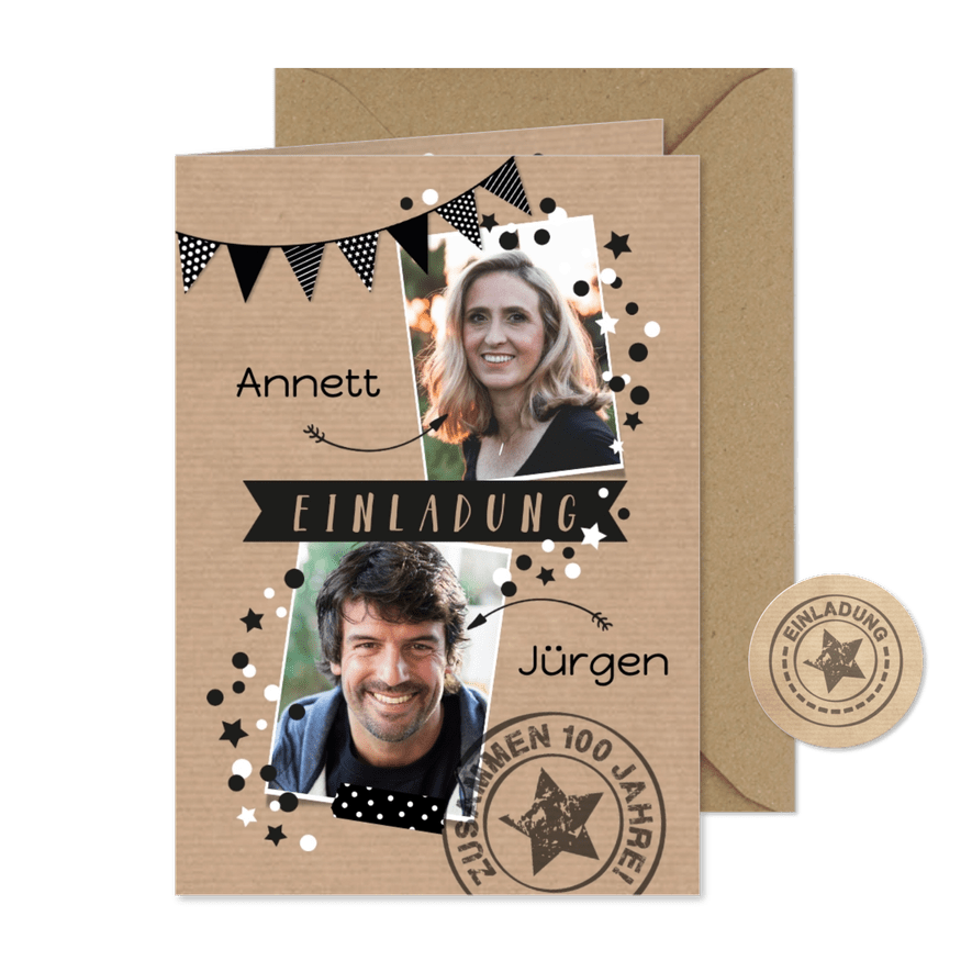 Einladung zum Doppelgeburtstag Zusammen 100 - Karteneindruck
