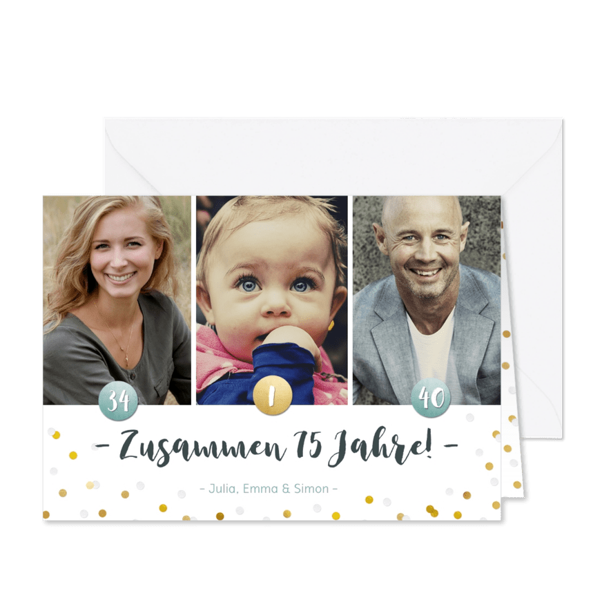 Einladung zum Familiengeburtstag mit Fotos und Konfetti - Karteneindruck
