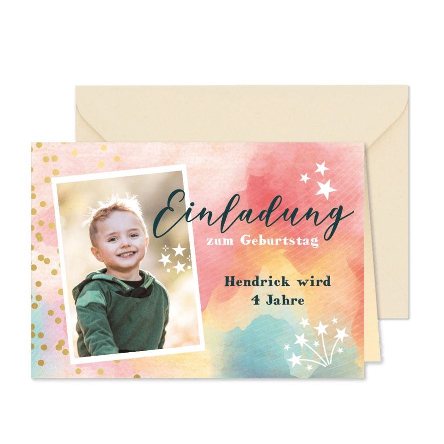 Einladung zum farbenfrohen Kindergeburtstag 4 Jahre - Karteneindruck
