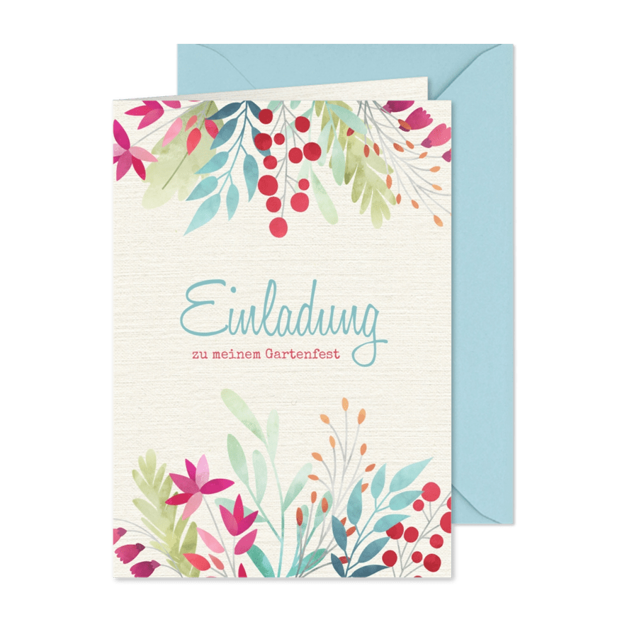 Einladung zum Gartenfest Blumen auf Leinenstruktur - Karteneindruck