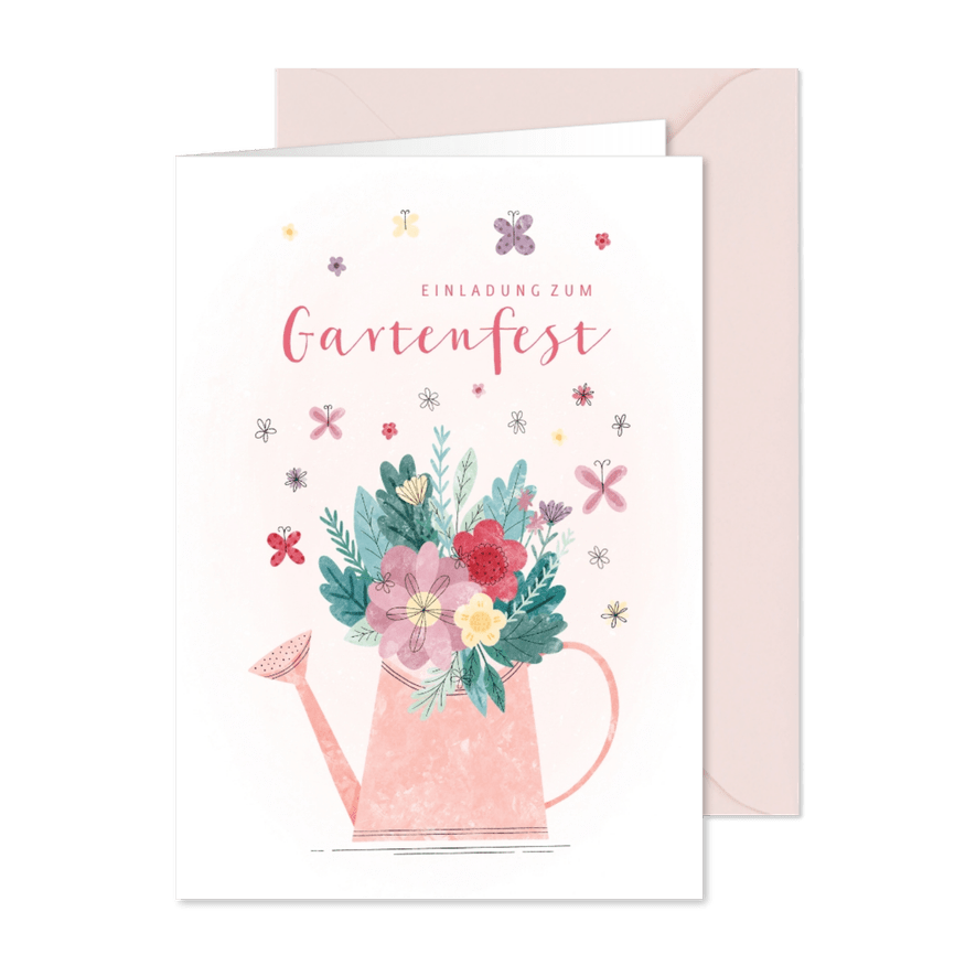 Einladung zum Gartenfest Gießkanne mit Blumen - Karteneindruck
