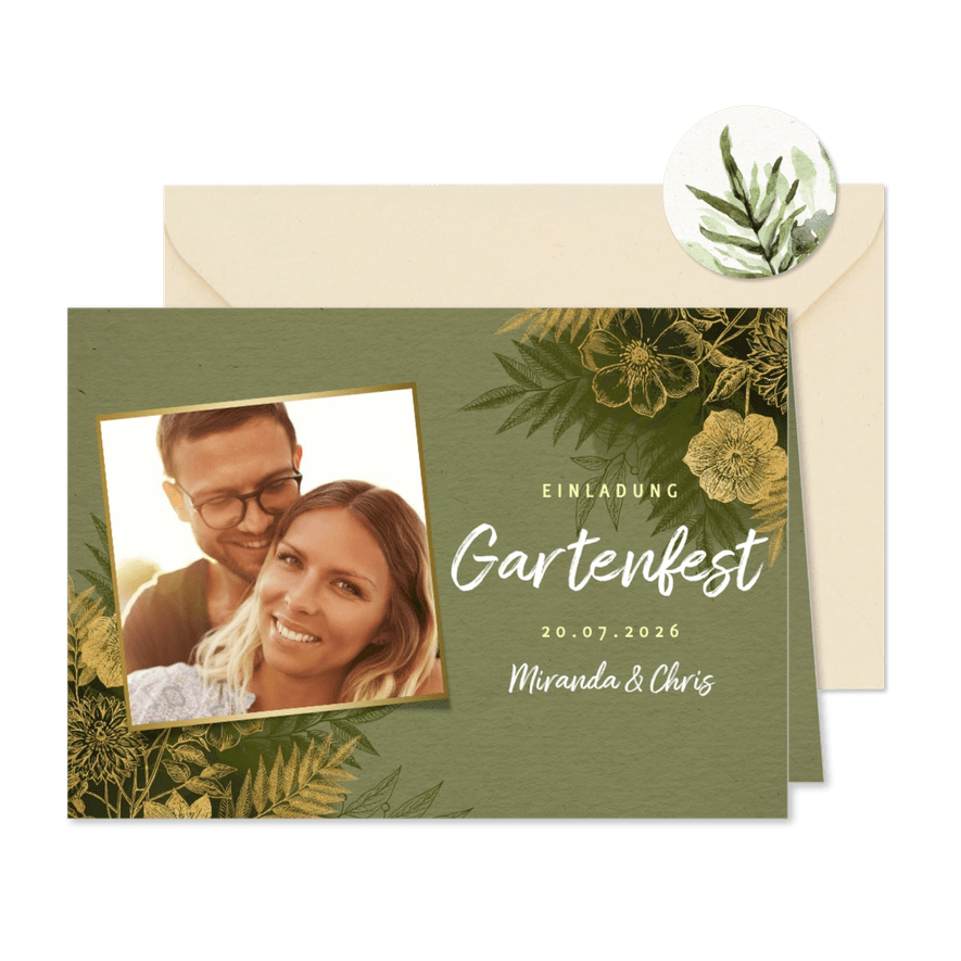 Einladung zum Gartenfest goldene Blumen & Foto - Kartenvorschau
