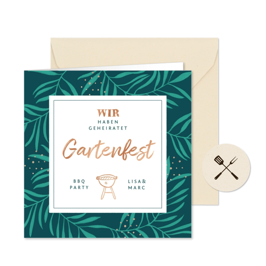 Einladung zum Gartenfest Palmblätter & BBQ - Karteneindruck
