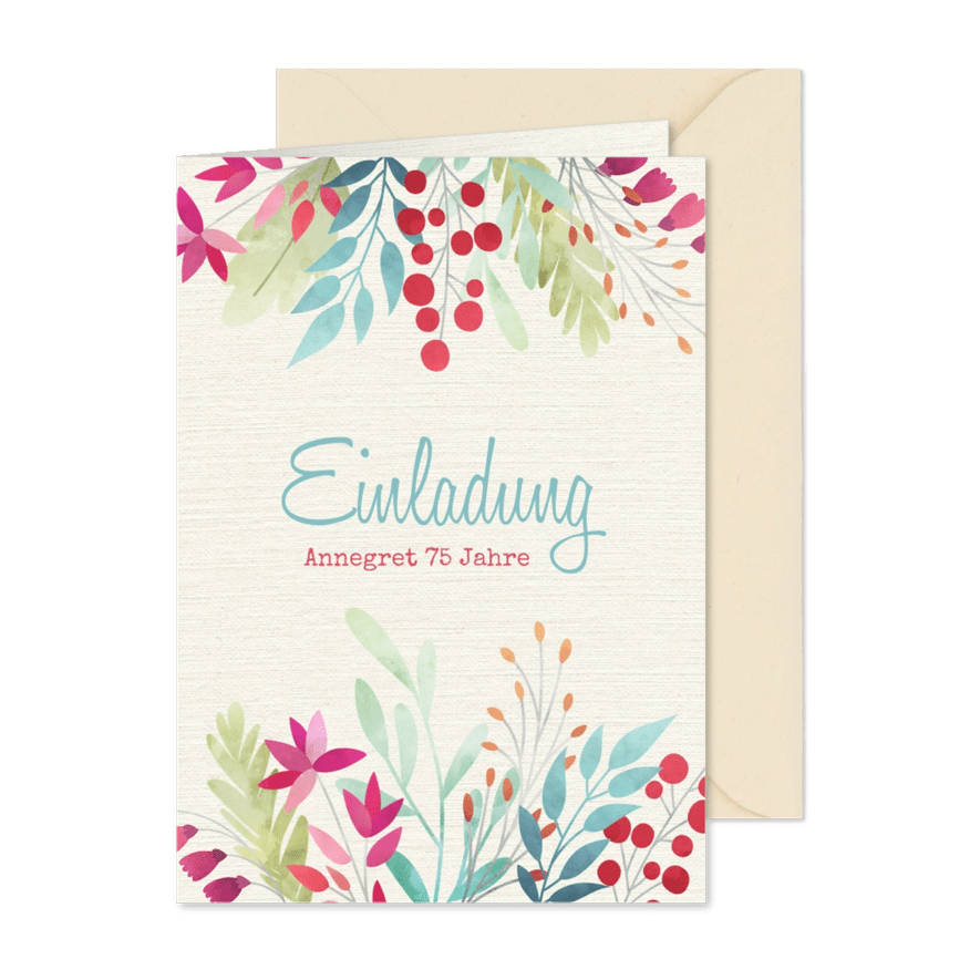 Einladung zum Geburtstag Blumen auf Leinenstruktur - Karteneindruck
