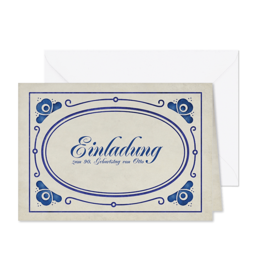 Einladung zum Geburtstag delfterblaue Ornamente - Karteneindruck
