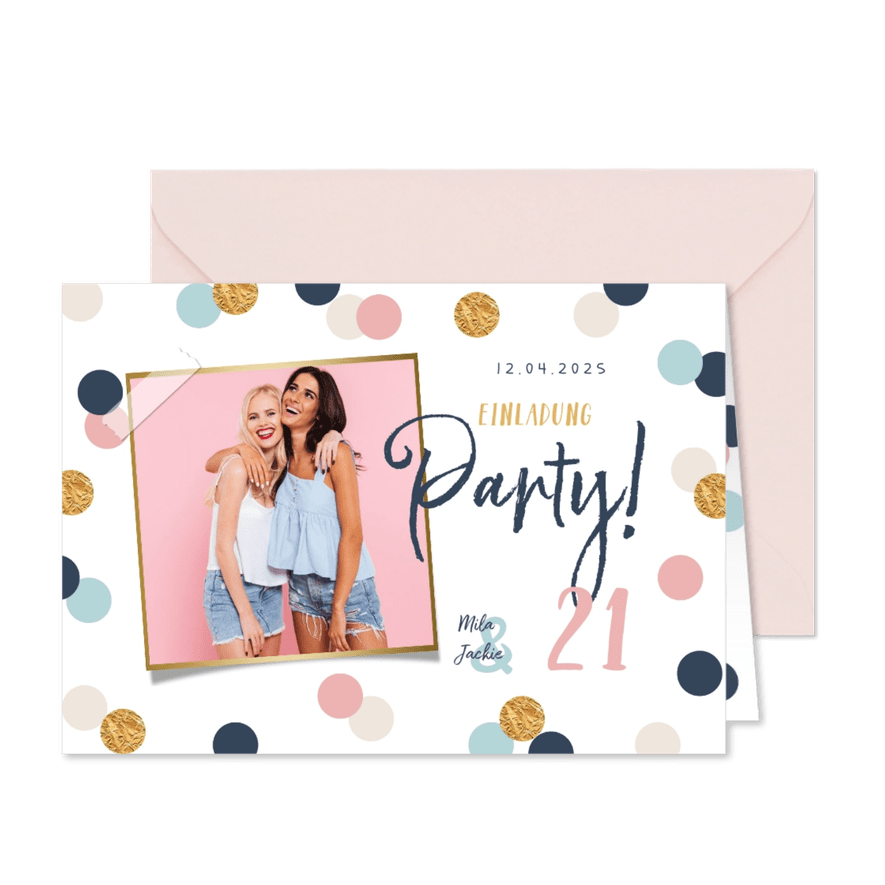 Einladung zum Geburtstag Foto, Pastellfarben und Konfetti - Karteneindruck
