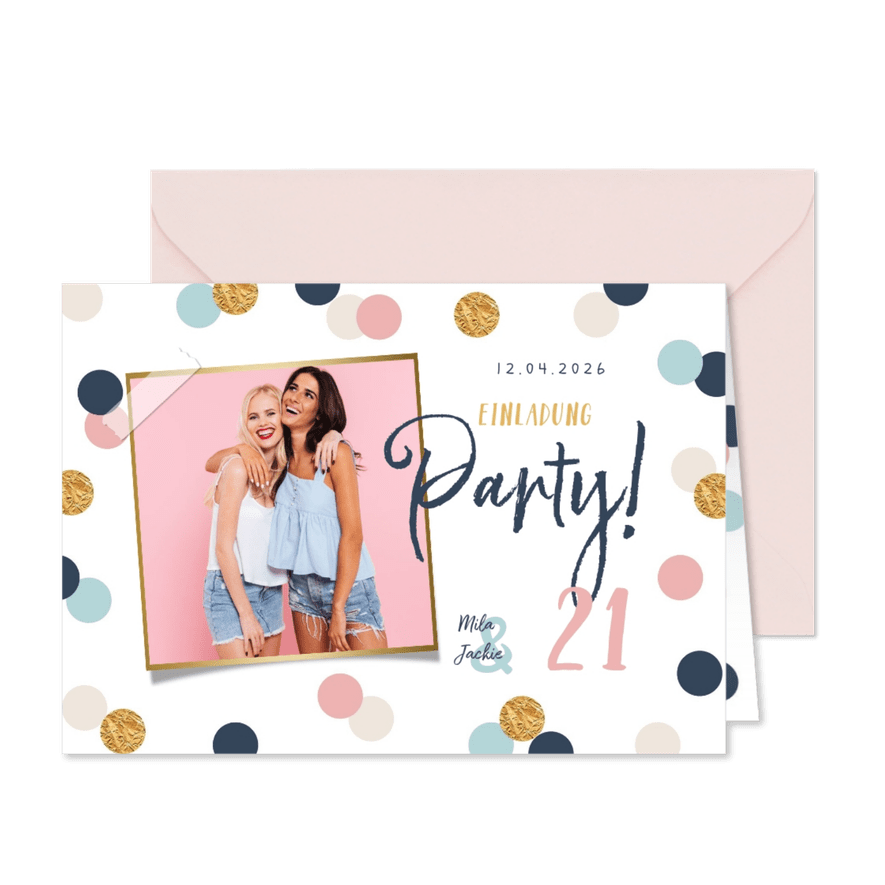 Einladung zum Geburtstag Foto, Pastellfarben und Konfetti - Karteneindruck
