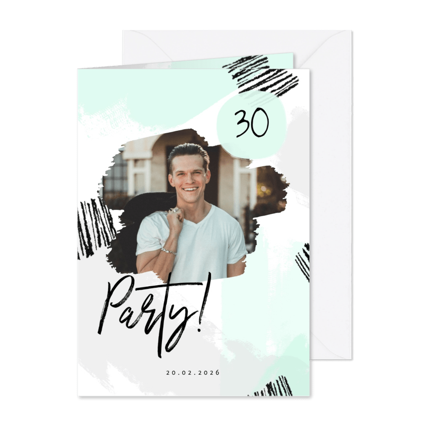 Einladung zum Geburtstag grüne Farbstreifen und Foto - Karteneindruck
