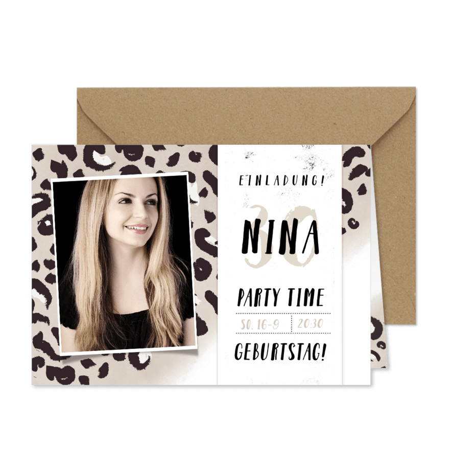 Einladung zum Geburtstag Leopard mit Fotos - Karteneindruck