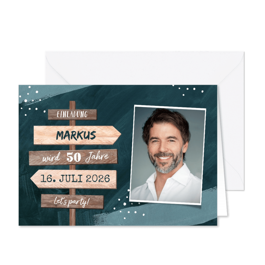 Einladung zum Geburtstag mit Wegweiser Mann - Karteneindruck
