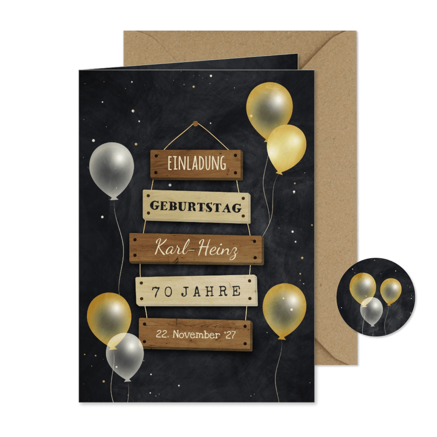 Einladung zum Geburtstag Schilder & Luftballons - Karteneindruck
