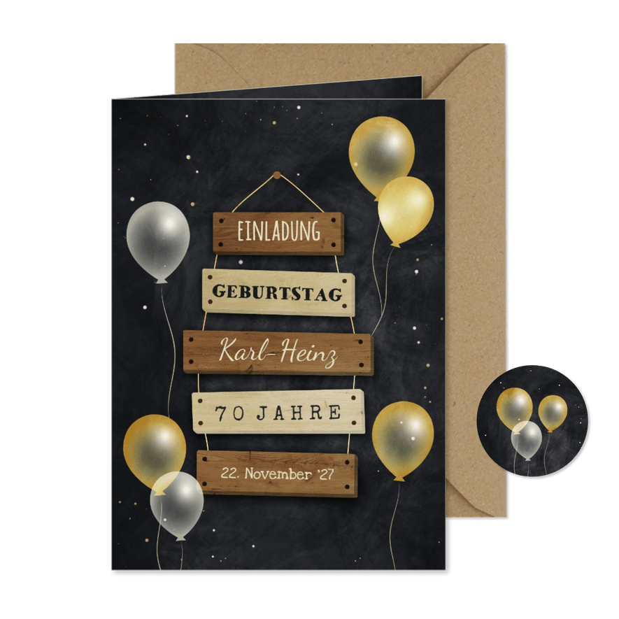 Einladung zum Geburtstag Schilder & Luftballons - Karteneindruck