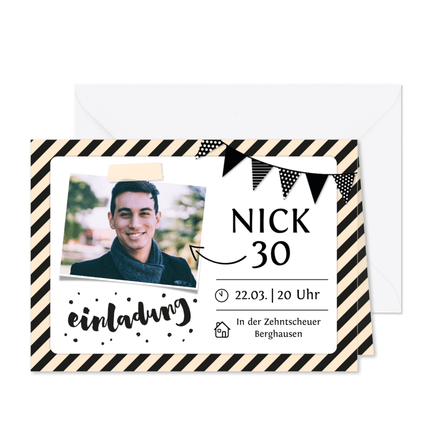 Einladung zum Geburtstag Schwarzweiß mit Foto - Karteneindruck