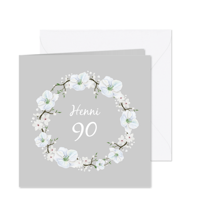 Einladung zum Geburtstag weißer Blumenkranz - Kartenvorschau