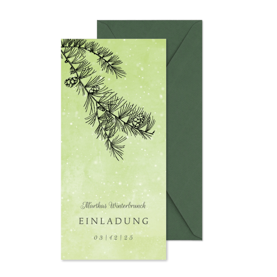 Einladung zum Geburtstag winterlicher Nadelbaum - Karteneindruck