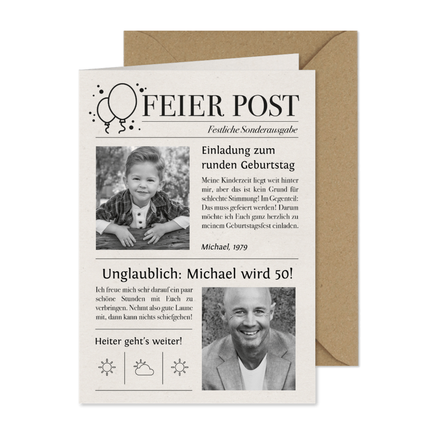 Einladung zum Geburtstag Zeitung mit Fotos - Karteneindruck
