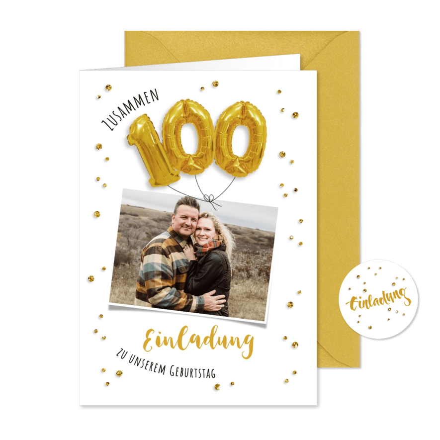 Einladung zum gemeinsamen Geburtstag 100 Ballons - Karteneindruck