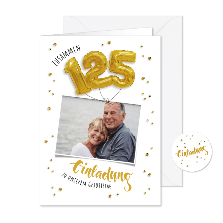 Einladung zum gemeinsamen Geburtstag 125 Ballons - Karteneindruck
