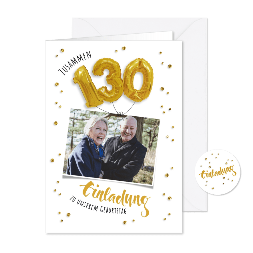 Einladung zum gemeinsamen Geburtstag 130 Ballons - Karteneindruck
