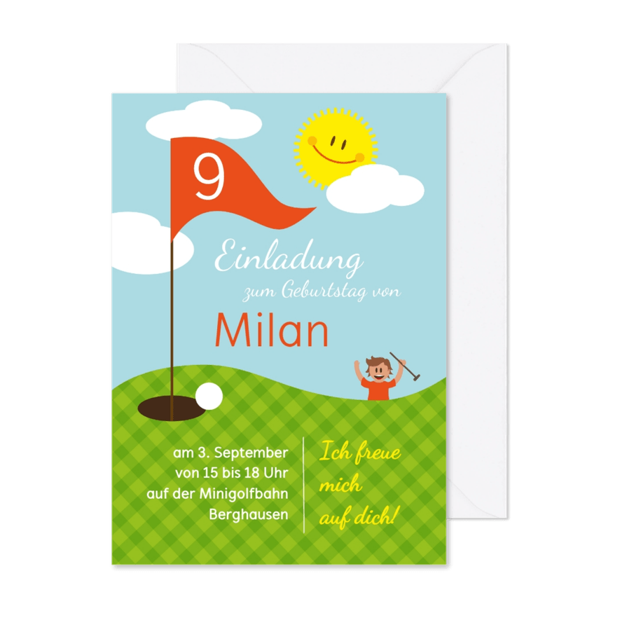 Einladung zum Golf-Kindergeburtstag orange 9 Jahre - Karteneindruck
