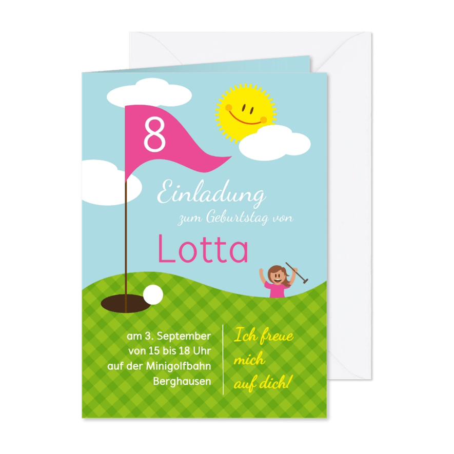 Einladung zum Golf-Kindergeburtstag pink 8 Jahre - Karteneindruck
