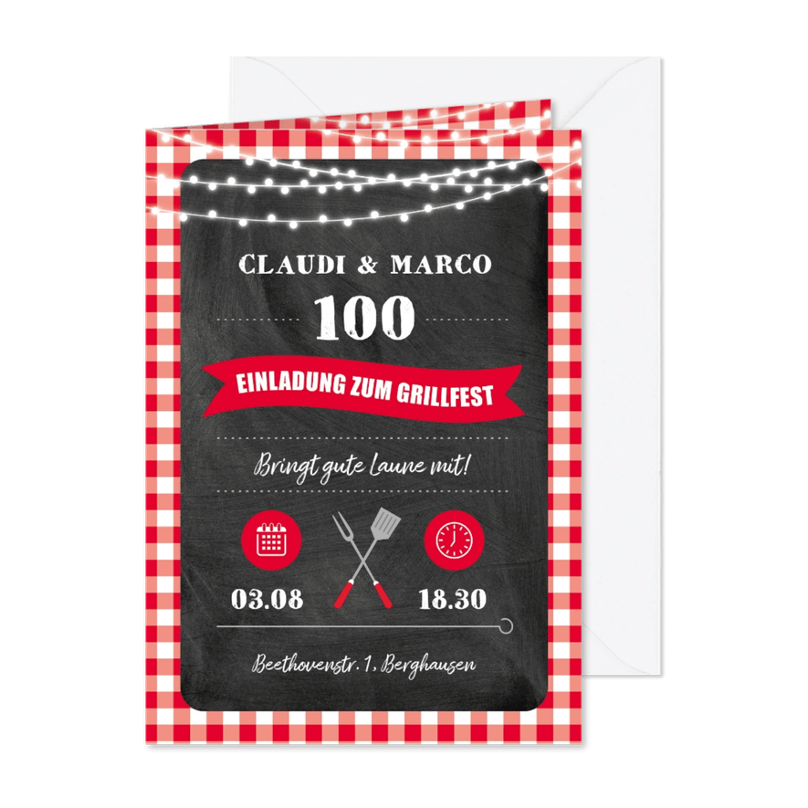 Einladung zum Grillfest für zwei mit roten Karos - Karteneindruck
