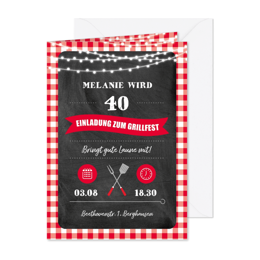 Einladung zum Grillfest mit roten Karos - Karteneindruck
